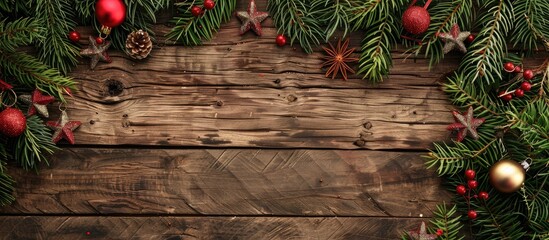 Poster - Festive Christmas decorations on a wooden surface adorned with fir branches to create a cozy holiday vibe, leaving room for a copy space image.