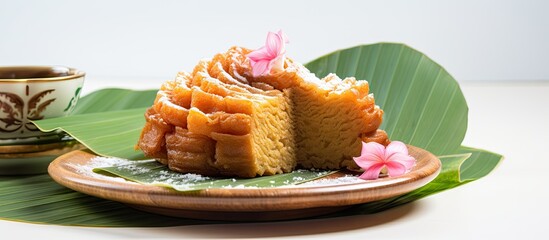 Poster -  Indonesian traditional food, Kue kuping gajah (elephant ear cake), displayed on a white background for a copy space image.