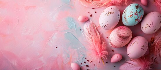 Poster - Top view of Easter eggs adorned with feathers, displayed on a pink backdrop, with copy space image available.
