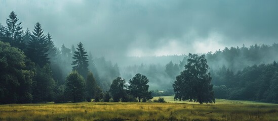 Aufkleber - German rural landscape featuring a forest, meadows, and overcast sky, located in Europe, provides a serene backdrop with copy space image.