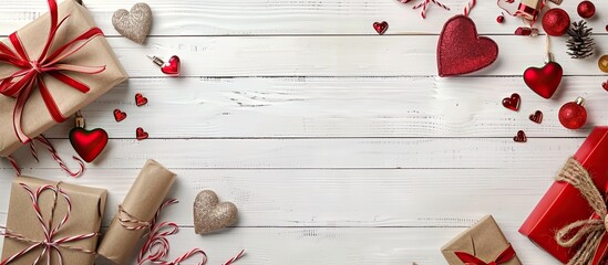 Poster - Valentine's Day-themed with love letter, gifts, and decor on a white wooden background, perfect for a copy space image.