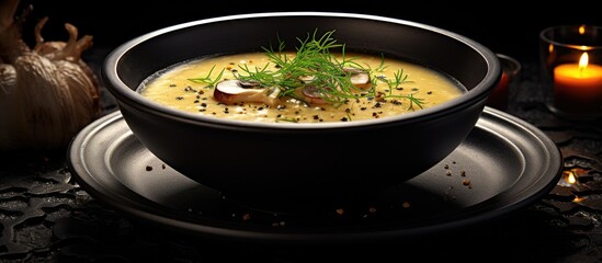 Poster - In the restaurant, mushroom soup is presented in a stylish black bowl with a captivating copy space image.