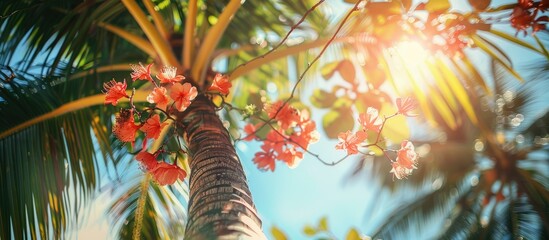 Poster - Tree with Areca palm flowers blooming adding a tropical touch to the scene, ideal as a copy space image.