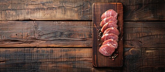 Poster - A top view of raw pork tenderloin sliced for medallions or steaks on a wooden cutting board against a wooden background, with copy space image.