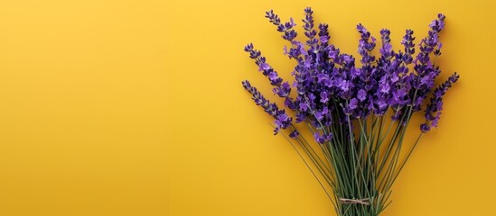 Poster - A flatlay of a lavender flower bouquet on a yellow background with copy space image, perfect for lavender aromatherapy promotion.