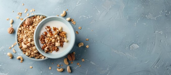 Poster - Healthy breakfast cereal with nuts and milk. Copy space image.