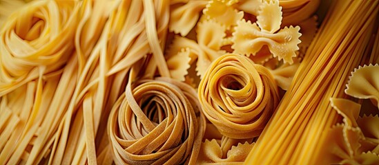 Poster - Top view of a selection of wholegrain pasta including spaghetti, tagliatelle, and penne rigate, a nutritious option rich in fiber, protein, B vitamins, and minerals, in a focused copy space image.