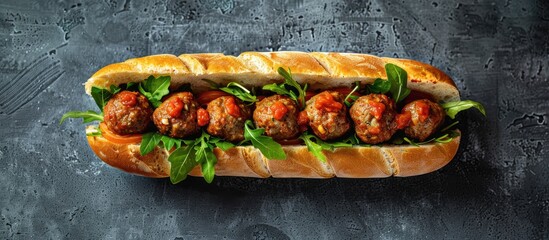 Wall Mural - Top view image featuring a submarine sandwich filled with meatballs against a gray backdrop with space for additional content or graphics.