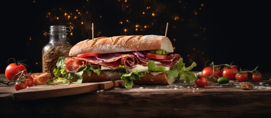 Sticker - Rustic background with copy space image showcasing a classic jamon sandwich.