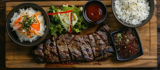 Aufkleber - Menu options include an appetizing array of steak, white rice, salad, and vegetables.