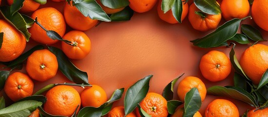 Poster - Fresh ripe tangerines create a frame with a background of orange, perfect for a copy space image with citrus fruit.