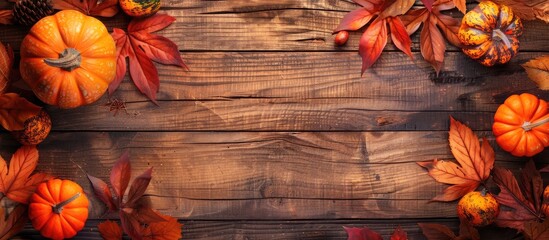 Poster - Autumn leaves and pumpkins decorate a wooden table with a copy space image.