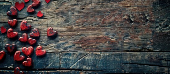 Poster - Vintage style declaration of love with red hearts on a wooden backdrop, offering a romantic copy space image for Valentine's Day cards.