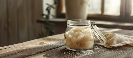 Poster - Natural cane sugar in a glass jar on a wooden table with copy space image.