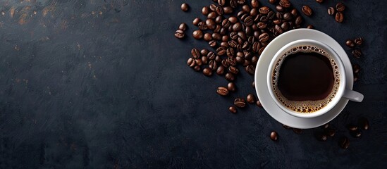 Poster - Coffee cup and beans in a top-down view with ample copy space image for text.