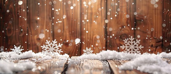 Aufkleber - A wintry scene with white glitter snowflakes and snow on a wooden background, ideal for Christmas and New Year greeting cards, featuring a copy space image.
