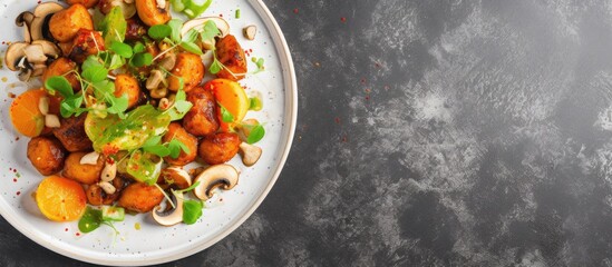 Canvas Print - A plate with fried mushrooms filled with cheese, kumquats, and green peas on a gray concrete surface. Top-down view with copy space for images.