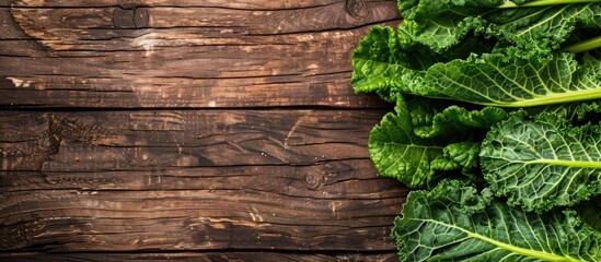 Poster - Top view of Chinese kale, a fresh vegetable, displayed on a wooden table background with copy space image.