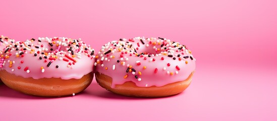 Poster - A pair of new, sugary pink donuts with vibrant red sprinkles are displayed in this enticing copy space image.