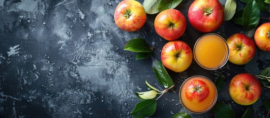 Poster - Chilled apple juice filled with pulp, unfiltered and unclarified, a refreshing vitamin-packed summer drink with apples, viewed from the top with copy space image.