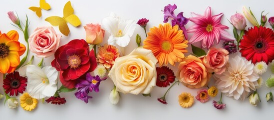 Poster - A variety of vibrant flowers including roses, gerberas, lilies, and irises, arranged on a white backdrop with a golden paper butterfly, creating a festive spring scene ideal for a copy space image.