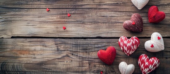 Poster - Valentine's day greeting card with hearts on wooden backdrop, ideal for Mother's Day and Valentine's Day, featuring love-themed copy space image.