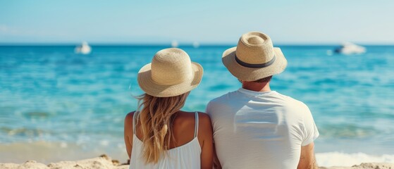 Wall Mural -  A man and a woman seated on a sandy beach gaze out at the tranquil ocean, dotted with sailboats drifting against the sunlit sky