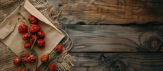 Poster - Top view of dried tomatoes placed on kraft paper in an envelope on a wooden table with a sackcloth covering, leaving room for additional image elements.