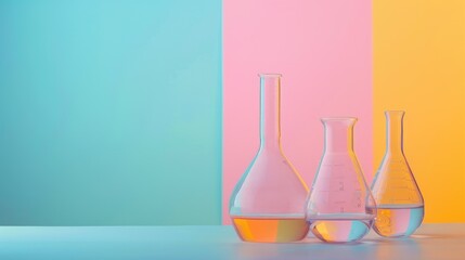 Wall Mural - chemistry lab glassware on table with no contents on colorful backdrop