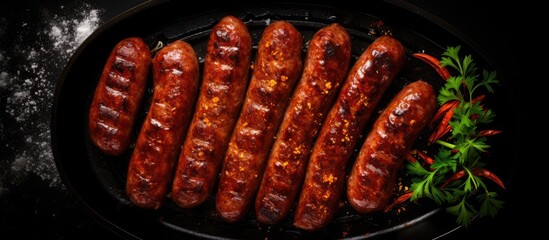 Aufkleber - Top view of a Sucuk beef sausage sizzling on a grill, set against a black background with ample copy space for an image.