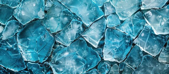 Fototapete - Close-up frozen water with a background texture of cracked blue ice glass pieces, offering a captivating copy space image.