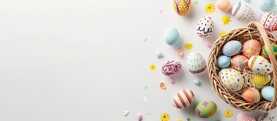 Poster - Decorative Easter toys arranged in a basket on a white background with copy space image.