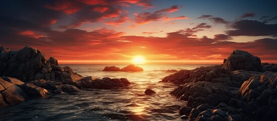 Poster - Capture rocks in the sea at sunset with a suitable spot for adding text or a logo in the image.