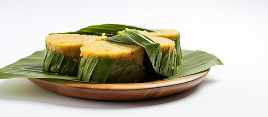 Poster -  Indonesian traditional food, Kue kuping gajah (elephant ear cake), displayed on a white background for a copy space image.