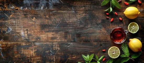 Canvas Print - Rustic wooden backdrop for homemade goji tea with mint, lemon, and copy space image