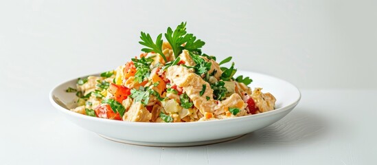 Poster - Low-angle view of a plate with homemade Coronation Chicken Salad on a white background, providing space for additional image elements.