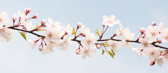 Poster - Blooming pear tree branches with delicate white and pink buds, providing a backdrop for a landscape panorama with a blank copy space image.