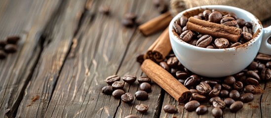 Aufkleber - An inviting arrangement of coffee with cinnamon sticks and roasted beans on a wooden table, creating a cozy ambiance with copy space image.