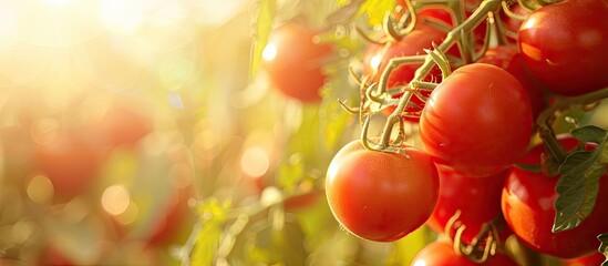 Poster - Vivid red tomatoes on a sunny backdrop, promoting health and vegetarianism, a popular trend with ample space for text or graphics, perfect for a high-quality image.