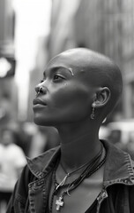 Wall Mural - A young bald black woman with white patches on her face, a nose piercing and a necklace with a cross pendant on a New York street, 