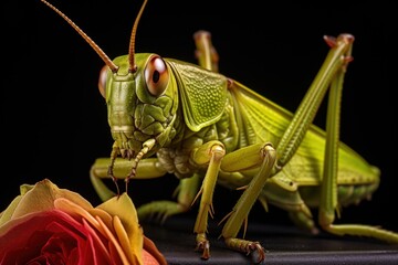 Grasshopper on a black background with a rose in the foreground. Insect Macro shot. Wildlife Concept.