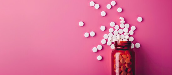 Canvas Print - White pills or tablets in a bottle on a pink background create a copy space image from a top view, showcasing the global pharmaceutical industry and medicinal products.