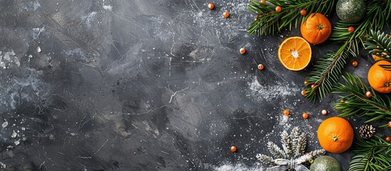 Sticker - Top view of a Christmas background featuring a stone surface adorned with snow, a fir tree, and tangerines, creating a festive display with room for additional content.