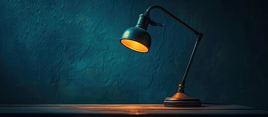 Vintage desk lamp illuminating in a dark room with warm black and blue hues for text in copy space image, conveying a classic and cozy ambiance suited for home, living, and office interiors.