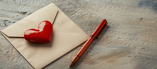 Poster - Craft envelope with red heart, blank paper, and pen on beige table, depicting themes of love and celebration, suitable for Saint Valentine's Day and Mother's Day, with copy space image.