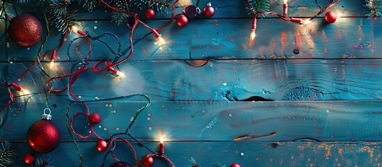 Aufkleber - A festive arrangement of Christmas lights and ornaments displayed on a blue wooden surface background with copy space image.