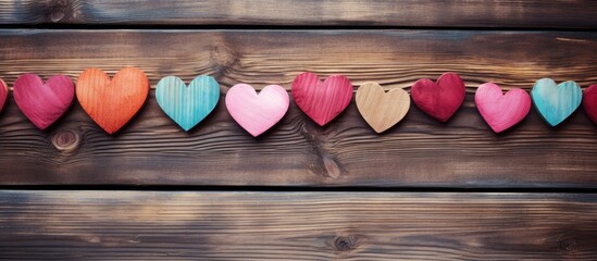 Poster - An appealing background featuring various hearts on a weathered wooden surface, ideal for a copy space image.