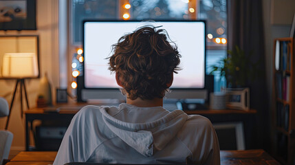 Over shoulder shot of a young man using computer laptop in front of an blank white computer screen in home