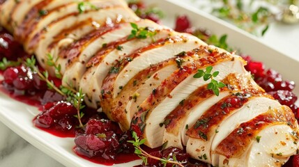 Wall Mural - A long piece of cooked chicken is served on a white plate with cranberry sauce