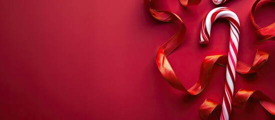 Aufkleber - Christmas theme with candy cane and red ribbon on red backdrop, arranged for a flat lay composition with copy space image.